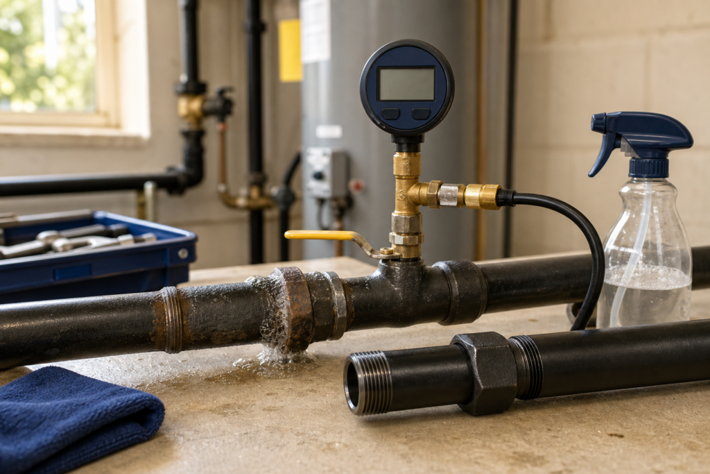 Black-iron gas line with corroded joint, pressure-test gauge, and replacement pipe section