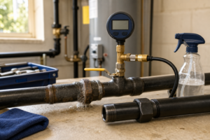 Black-iron gas line with corroded joint, pressure-test gauge, and replacement pipe section