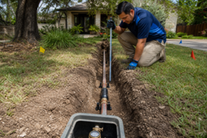 Technician measuring a controlled lawn excavation beside an exposed main water service line and water meter in Austin
