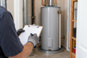 AI-generated illustration of a technician reviewing a replacement work scope beside a storage water heater in a utility closet.
